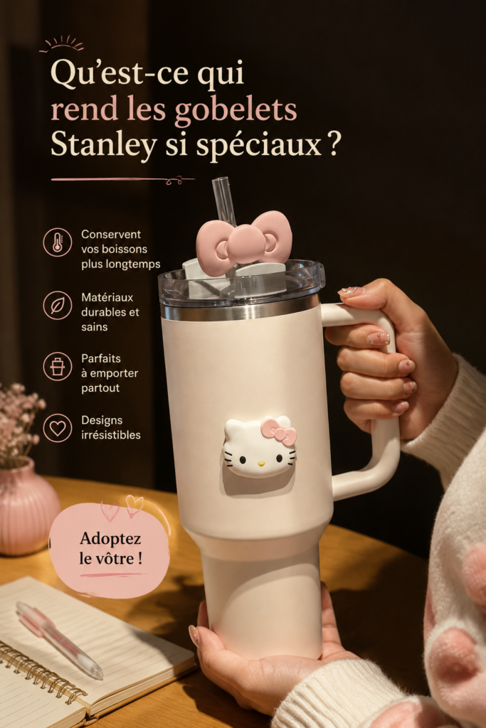 Tasse Stanley posée sur une table en bois, remplie de café chaud.