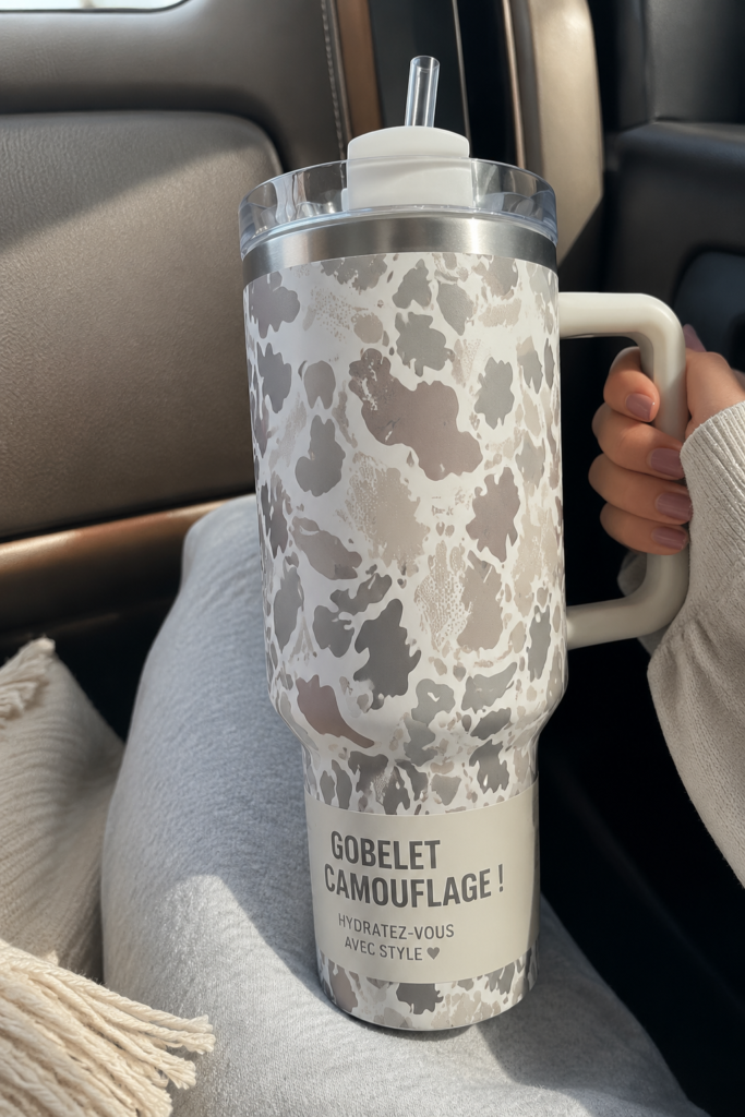 Une tasse Stanley au motif camouflage exposée sur une table en bois.