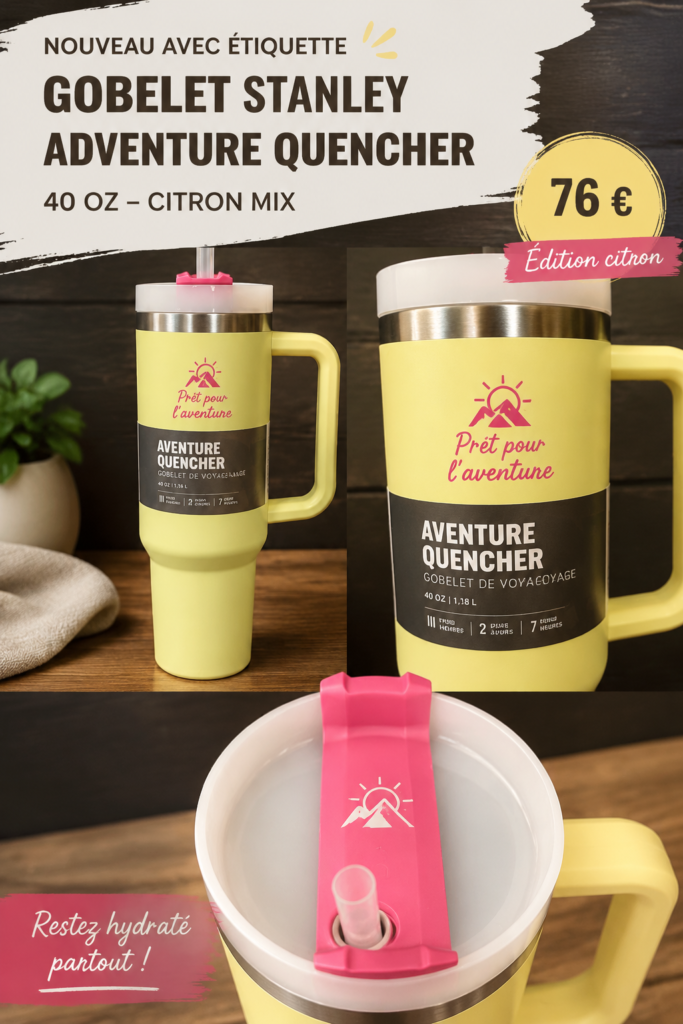 Tumbler Stanley Adventure Quencher de couleur citron, prêt à être utilisé lors d'une sortie estivale.