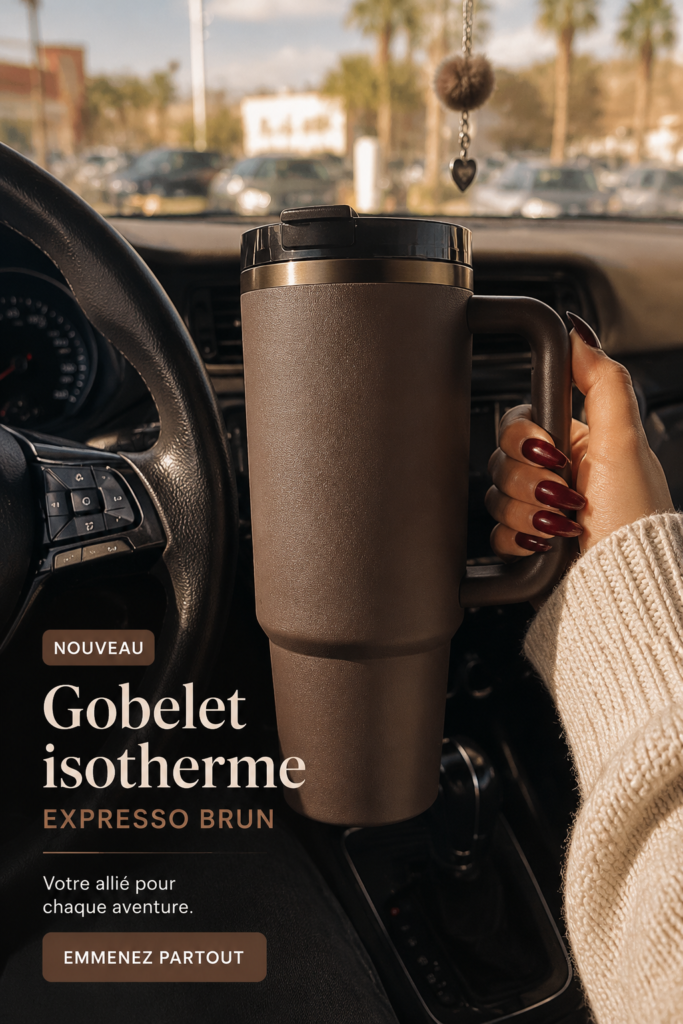 Tumbler Stanley Espresso Brown sur une table en bois avec un café à l'intérieur.