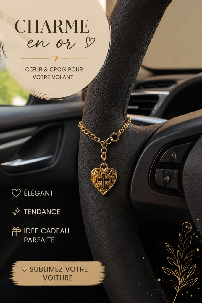 Charmant accessoire en forme de cœur accroché au volant d'une voiture, illustrant la personnalisation automobile.