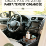 Accessoires automobiles de chez Amazon disposés dans une voiture organisée.