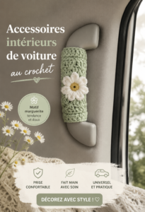 Accessoires en crochet pour voiture incluant poignées et housses de ceinture.