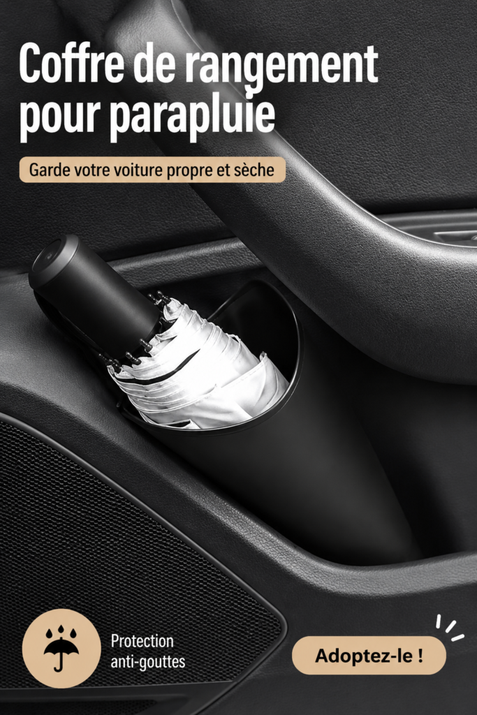 Boîte de rangement pour parapluies dans une voiture, organisée et pratique.