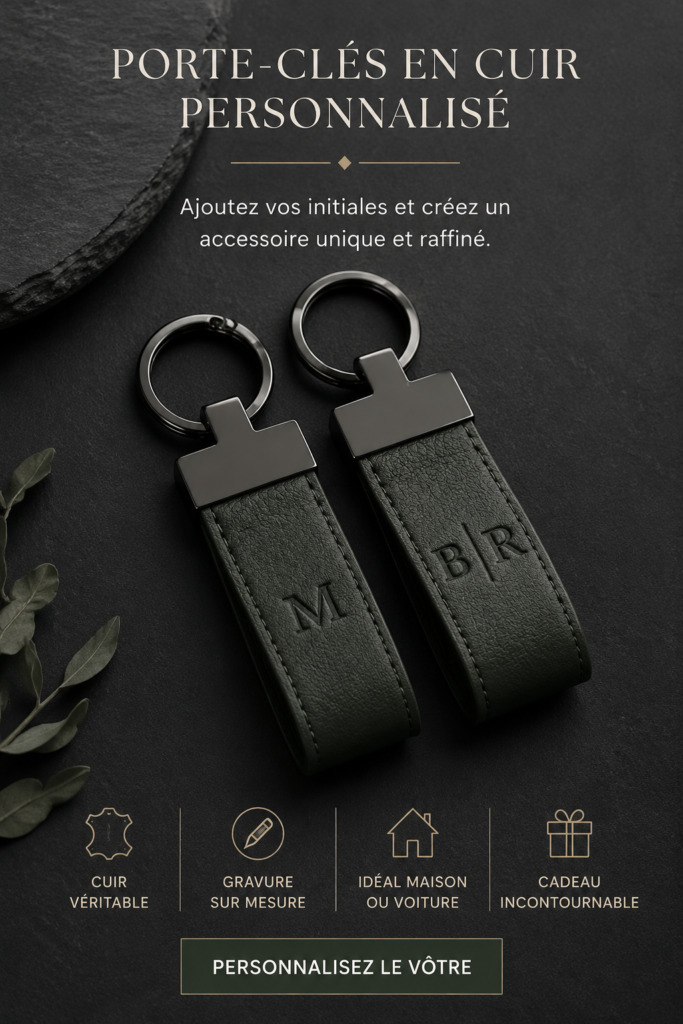 Un porte-clés en cuir personnalisé avec des initiales gravées, parfait pour un cadeau unique.