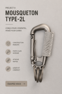 Carabiner Type-2L de DSPTCH en gris, suspendu à un sac à dos.