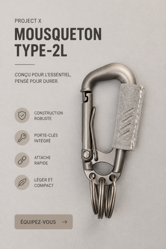 Carabiner Type-2L de DSPTCH en gris, suspendu à un sac à dos.