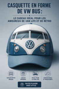 Casquette stylisée en forme de VW Bus sur un fond naturel