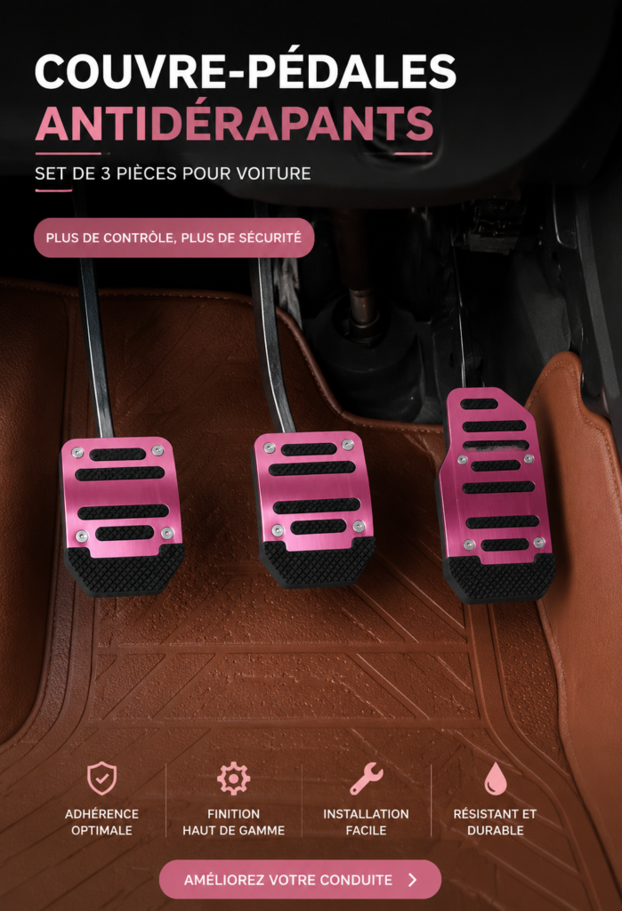 Image d'un set de pédales antidérapantes pour voiture, montrant un design moderne et fonctionnel.