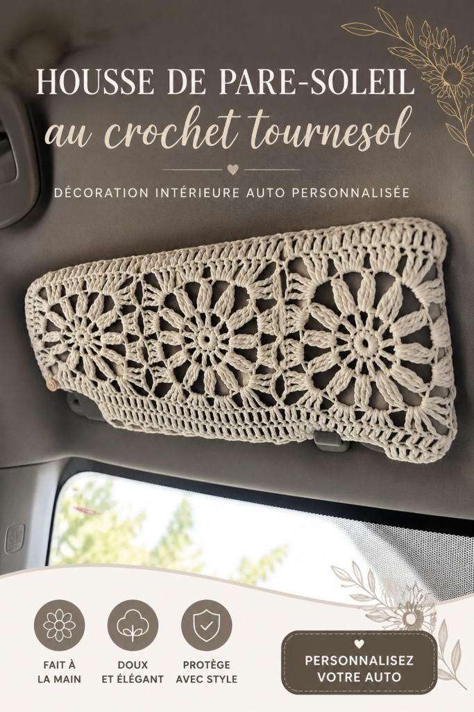 Couvre-soleil en crochet avec un motif de tournesol pour voiture, ajoutant une touche colorée à l'intérieur.
