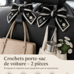 Crochets pour sacs accrochés à un appuie-tête de voiture, mettant en valeur leur praticité.