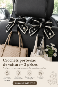 Crochets pour sacs accrochés à un appuie-tête de voiture, mettant en valeur leur praticité.