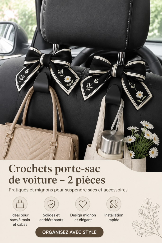 Crochets pour sacs accrochés à un appuie-tête de voiture, mettant en valeur leur praticité.