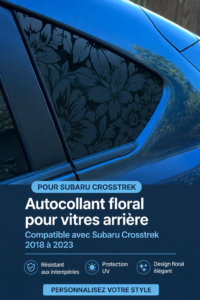 Décalque floral sur les fenêtres arrière d'une Subaru CrossTrek, ajoutant une touche esthétique.