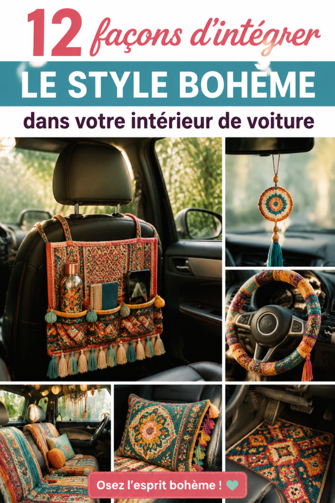 Intérieur de voiture décoré dans un style bohème avec des coussins et des motifs floraux
