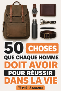 Un homme debout devant une sélection d'objets essentiels pour réussir dans la vie.
