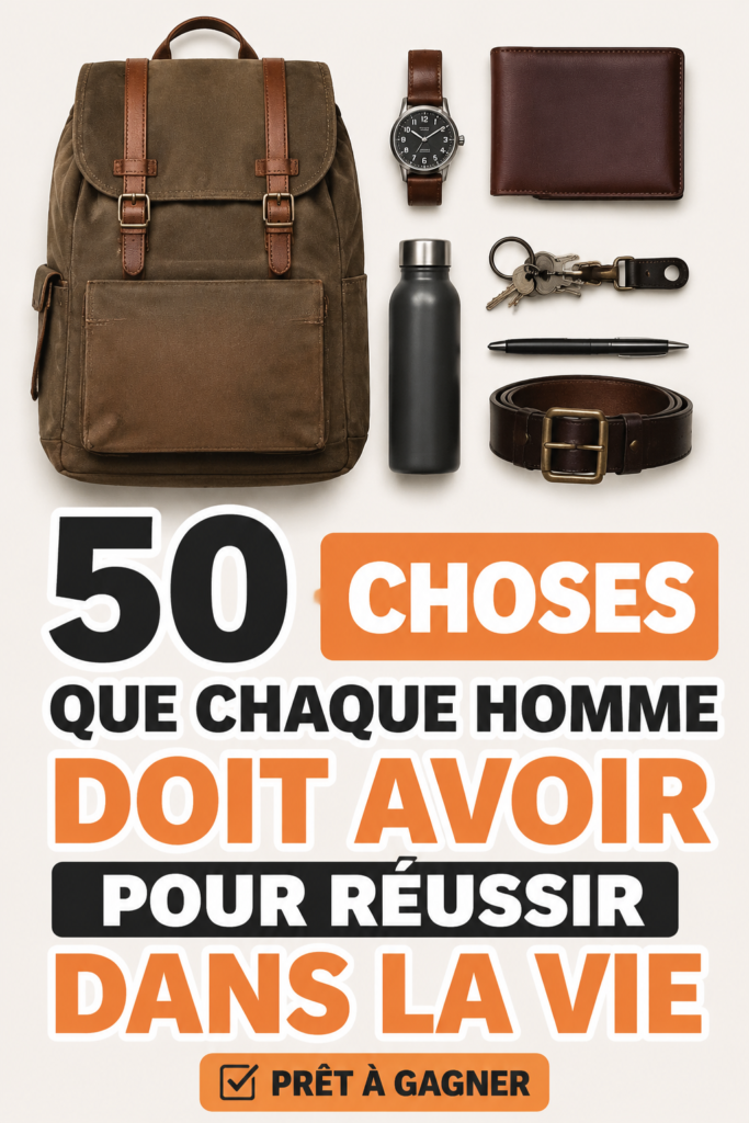 Un homme debout devant une sélection d'objets essentiels pour réussir dans la vie.