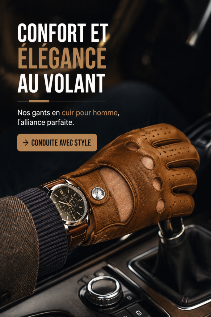 Gants en cuir élégants posés sur un volant de voiture, illustrant la sophistication de la conduite.