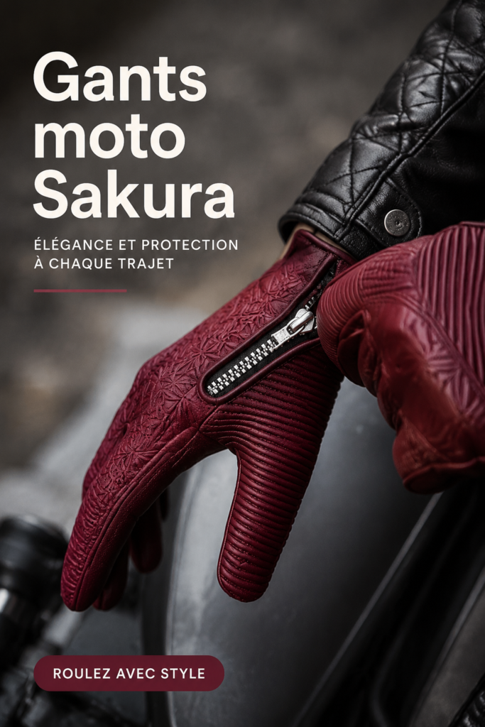 Gants de moto Sakura en cuir affichés élégamment, représentant le confort et la sécurité.