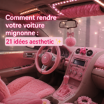 Une voiture élégamment décorée avec des accessoires girly et colorés.