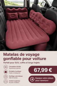 Matelas gonflable confortable installé dans un SUV pour un voyage agréable.