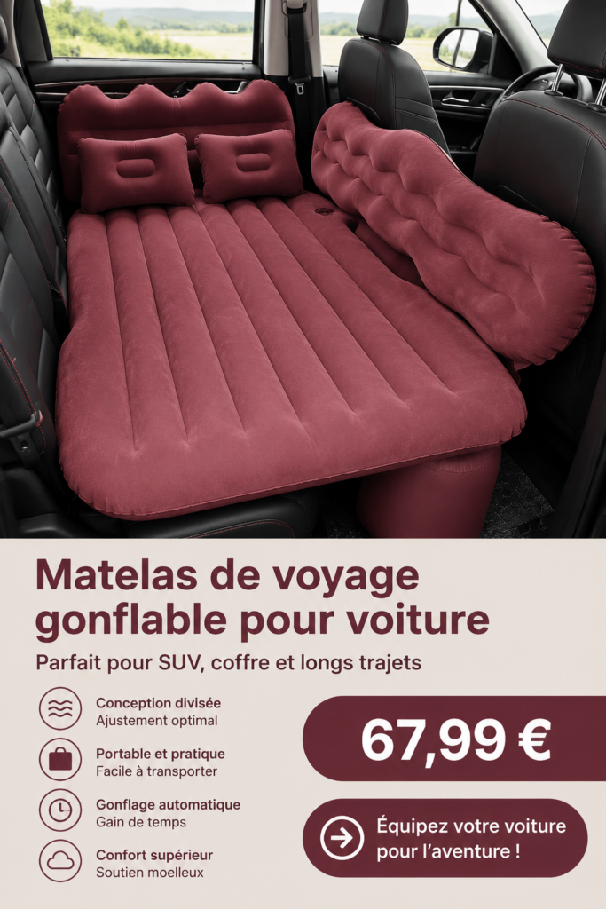 Matelas gonflable confortable installé dans un SUV pour un voyage agréable.