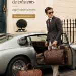 Sacs et accessoires élégants pour hommes présentés sur un fond neutre.
