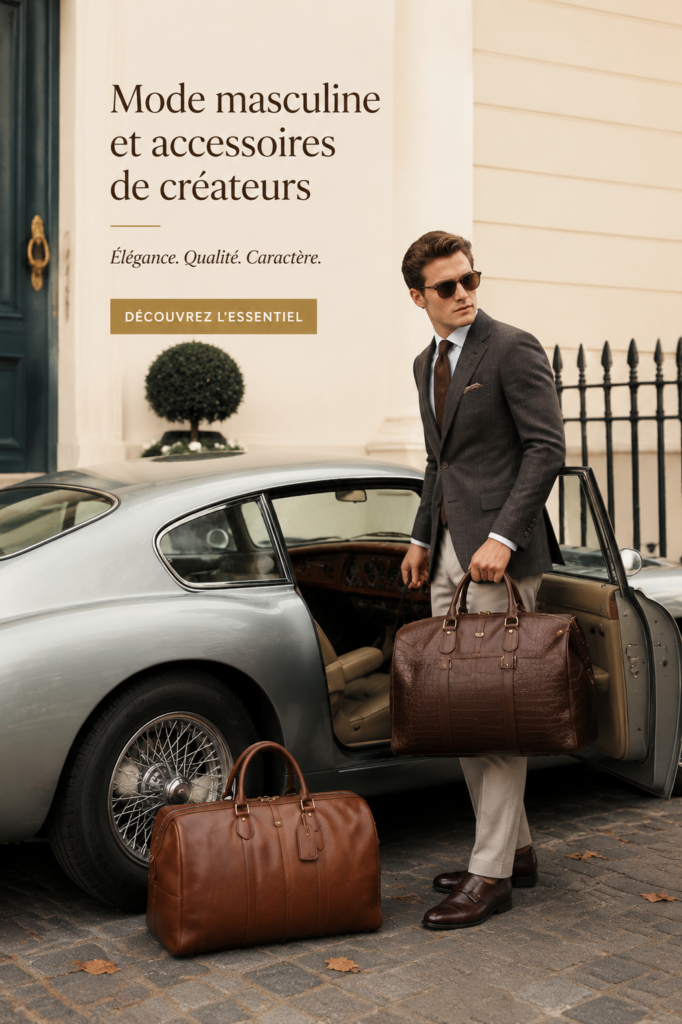 Sacs et accessoires élégants pour hommes présentés sur un fond neutre.