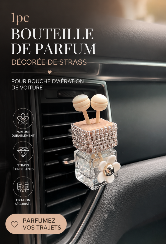 Une bouteille de parfum chic pour voiture sur un tableau de bord élégant.