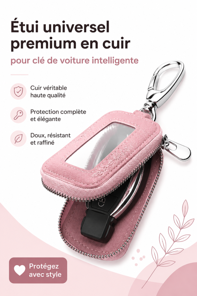 Porte-clé en cuir premium posé sur une surface élégante