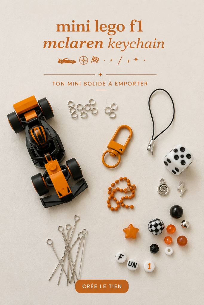 Porte-clés Mini Lego F1 McLaren sur fond coloré