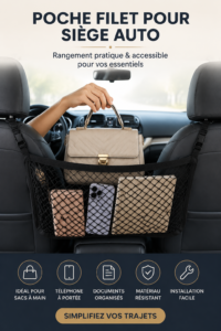 Organisateur de voiture en cuir élégant accroché au siège, prêt à ranger tous vos accessoires.