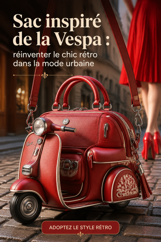 Un sac inspiré de Vespa posé sur une table, représentant le style rétro chic.
