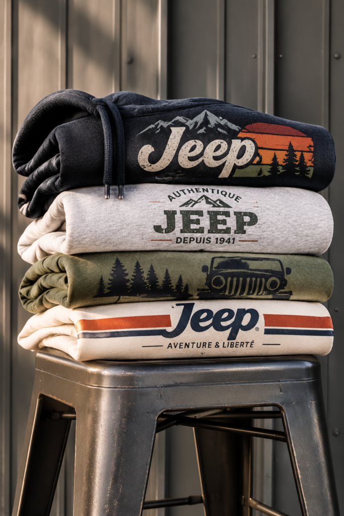 Un hoodie Jeep porté par une femme en plein air, illustrant le confort et le style