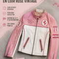 Veste de course vintage en cuir rose pour femme sur cintre
