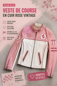 Veste de course vintage en cuir rose pour femme sur cintre