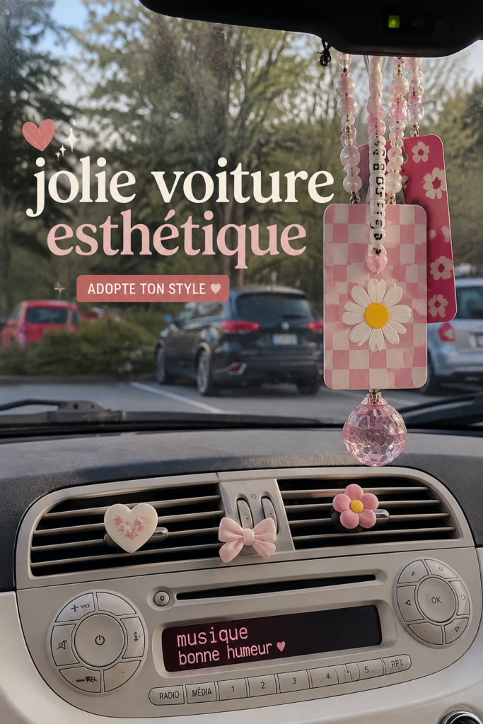 Une voiture décorée avec des accessoires doux et mignons, idéale pour des femmes.