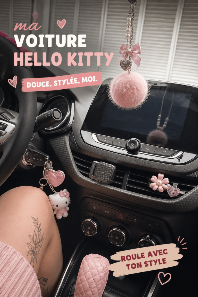 Une voiture décorée avec des accessoires Hello Kitty, mettant en avant un style mignon et coloré.