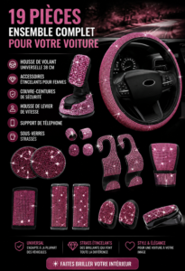 Accessoires bling pour voiture, y compris des housses de volant et porte-téléphone.