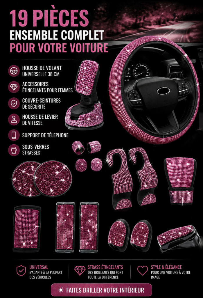 Accessoires bling pour voiture, y compris des housses de volant et porte-téléphone.