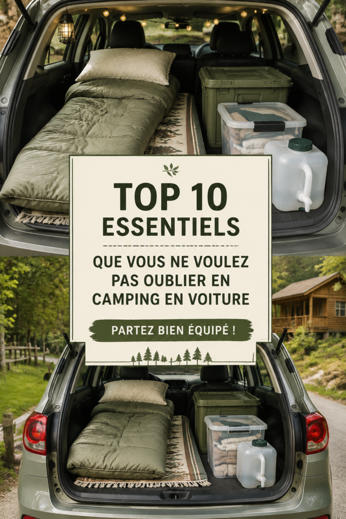 Femme préparant son camping en voiture avec des accessoires essentiels