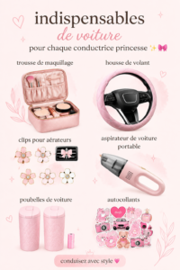 Accessoires auto colorés pour femmes dans une voiture stylée.