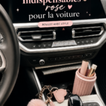 Accessoires roses pour personnaliser une voiture, incluant housses de sièges et tapis de sol.