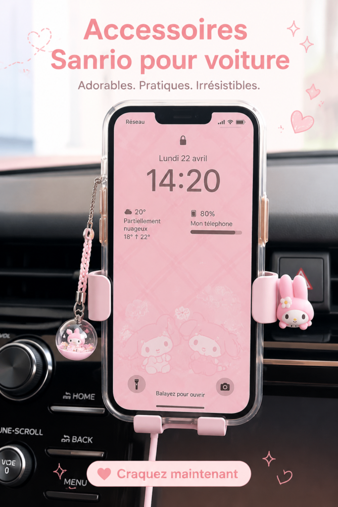 Accessoires automobiles Sanrio dans une voiture décorée avec des personnages kawaii.