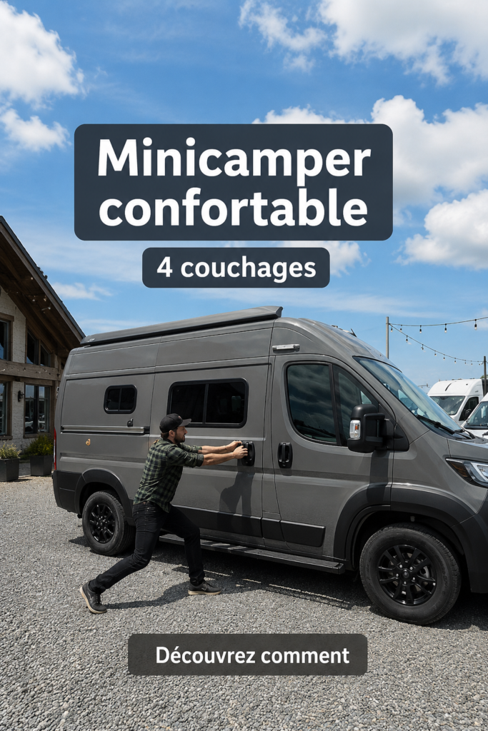 Un van aménagé confortablement avec des lits pour 4 personnes et un espace convivial.