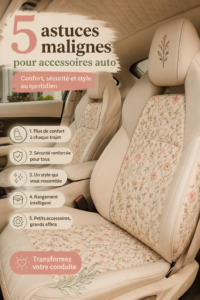 Une femme souriante profitant d'une conduite confortable dans sa voiture moderne avec des accessoires stylés.