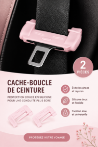Cache de ceinture de sécurité en silicone rose installé dans une voiture.