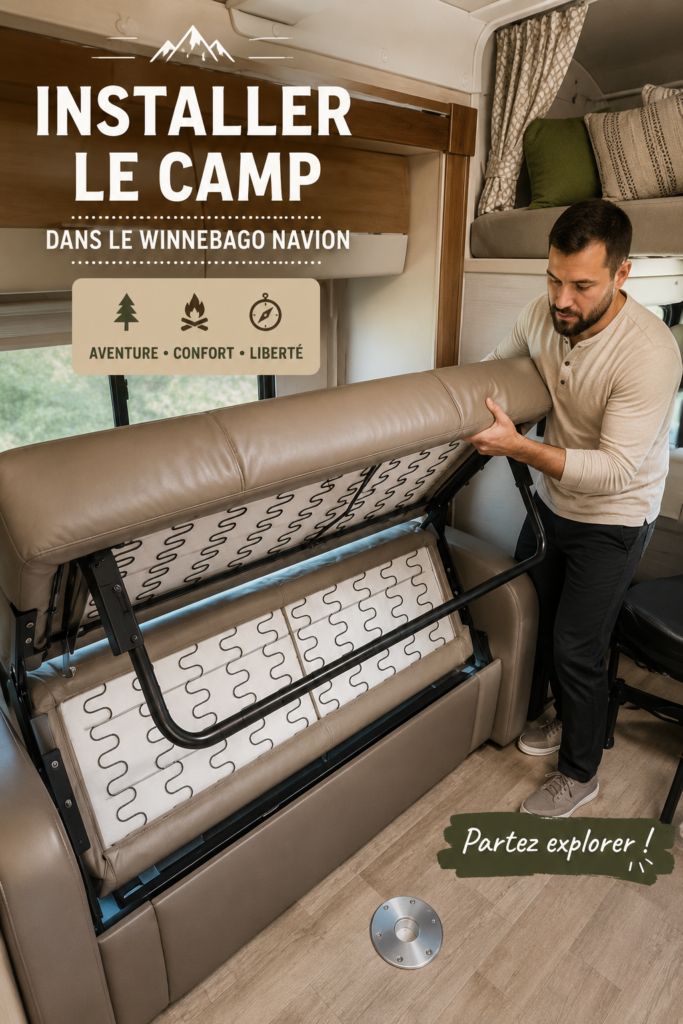 Un Winnebago Navion garé dans la nature, prêt pour le camping