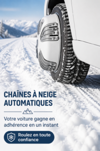 Chaînes à neige automatiques installées sur un véhicule prêt pour la neige