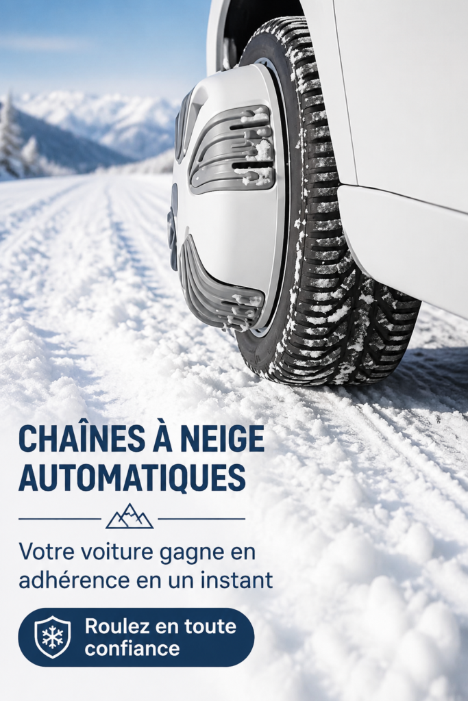 Chaînes à neige automatiques installées sur un véhicule prêt pour la neige